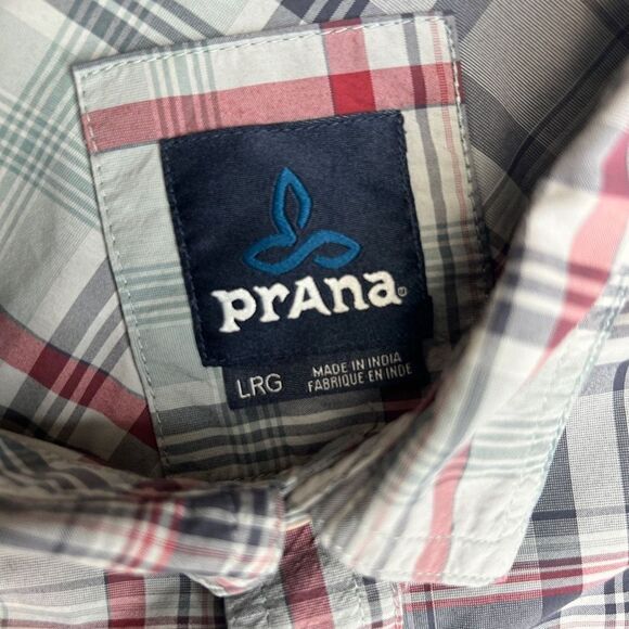 prAna Shirt Button up Men's Tower Grey Maroon Plaid S/S Wove Large - Picture 9 of 10